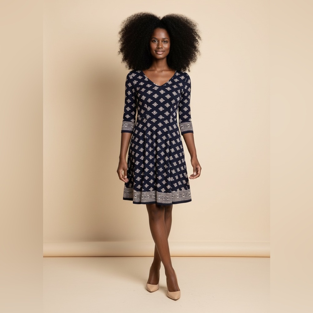 Mia + Tess Dress Fit & Flare V-Neck‎ 3/4 Sleeve Patterned Casual Dress M